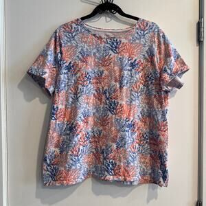 Talbots Corals Top Blue Orange Crew Neck Pullover Short Sleeve Sz 2X Women's